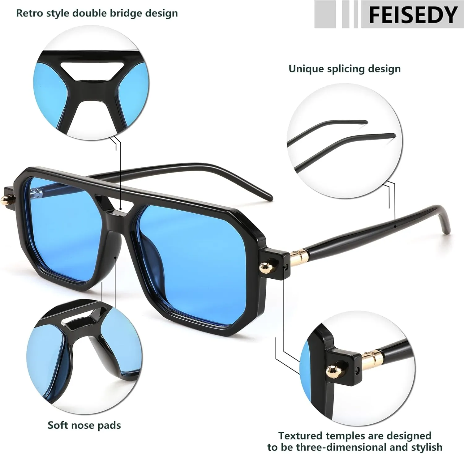 FEISEDY Vintage Square 70s Flat Aviator Sunglasses Women Men Classic Retro Stylish Frame UV400 Sunglasses B2622