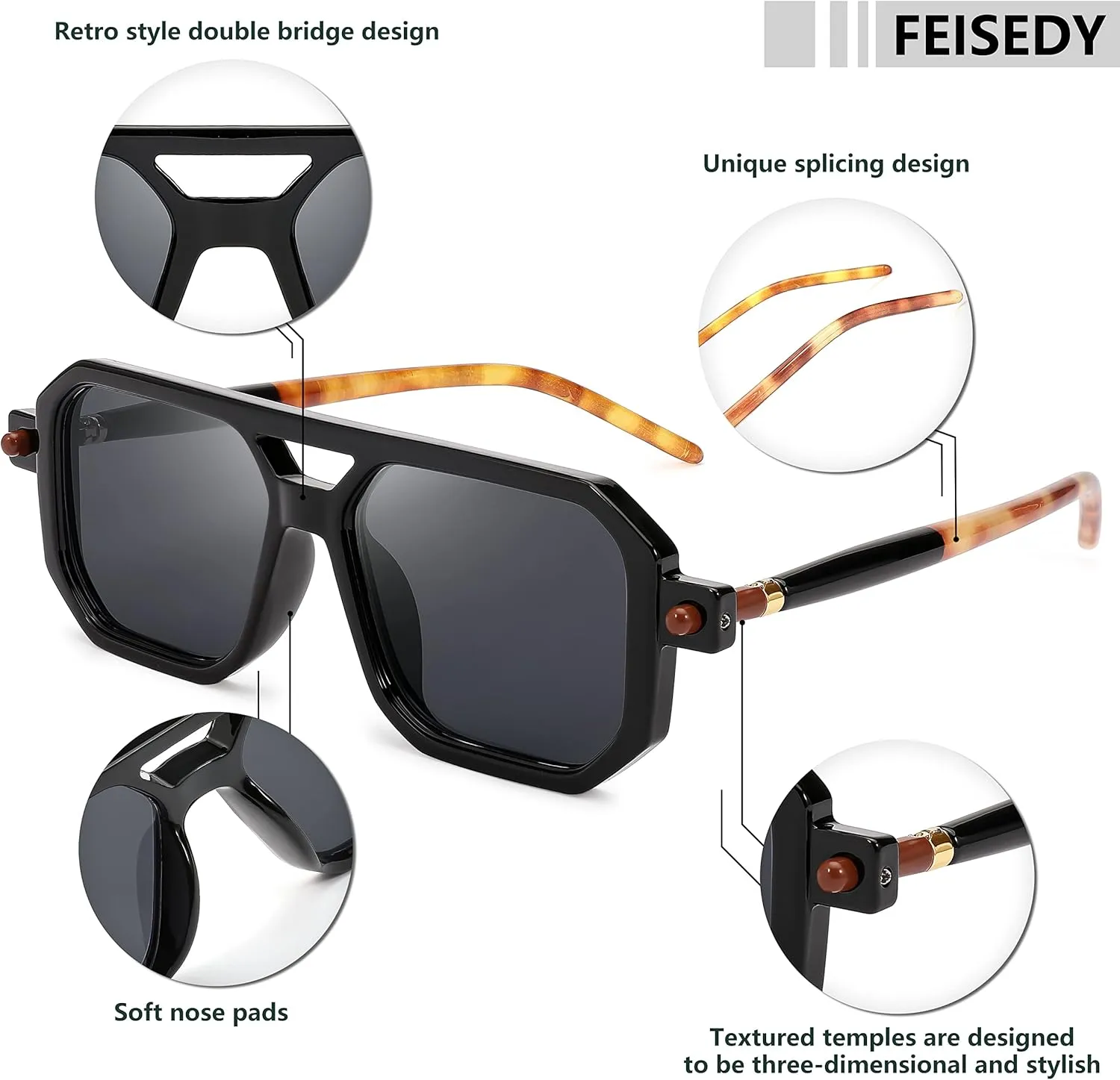 FEISEDY Vintage Square 70s Flat Aviator Sunglasses Women Men Classic Retro Stylish Frame UV400 Sunglasses B2622