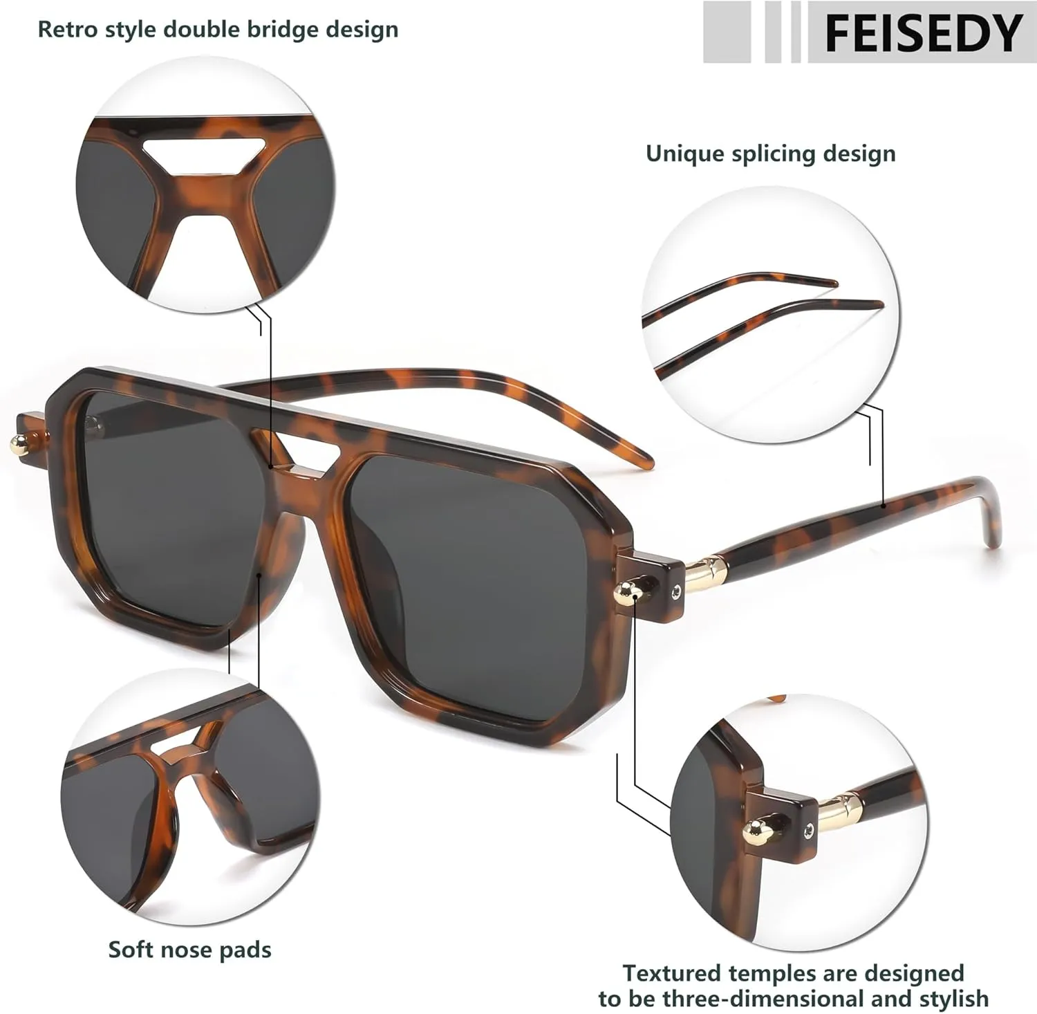FEISEDY Vintage Square 70s Flat Aviator Sunglasses Women Men Classic Retro Stylish Frame UV400 Sunglasses B2622