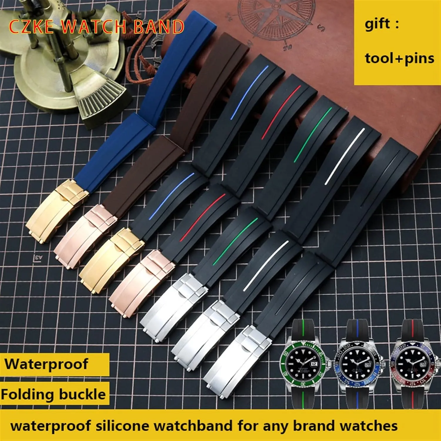 Flat End 20mm 21mm Rubber Silicone Watch Bands For any brand Watch stainless steel Folding buckle Strap Brand Watchband Sports