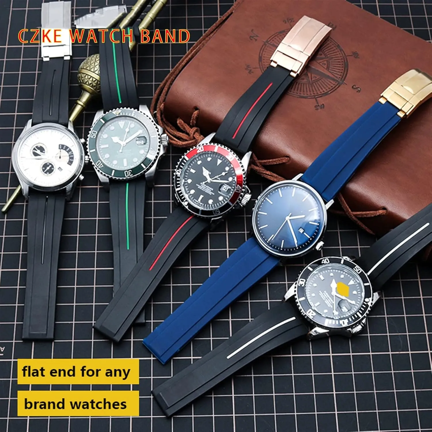 Flat End 20mm 21mm Rubber Silicone Watch Bands For any brand Watch stainless steel Folding buckle Strap Brand Watchband Sports