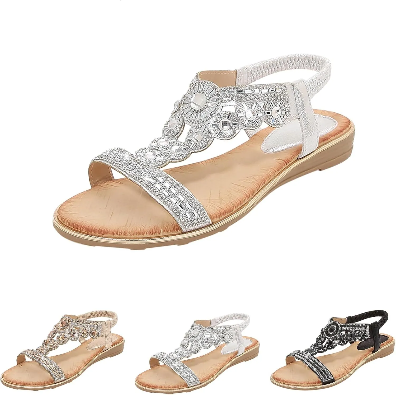 Flat Sandals With Rhinestones For Women, Women's Wide Width Sandals Comfort Walking With Non Slip On Casual Summer Beach Shoes Dress Ankle Elastic Strap Sparkling Bohemian