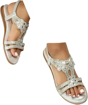Flat Sandals With Rhinestones For Women, Women's Wide Width Sandals Comfort Walking With Non Slip On Casual Summer Beach Shoes Dress Ankle Elastic Strap Sparkling Bohemian