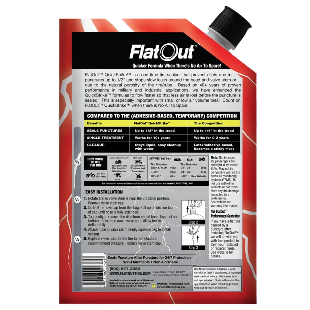 FlatOut QuickStrike Tire Sealant - Off-Road Formula - Prevents Flat Tires - Seals Leaks - Contains Kevlar - Tubeless Tire Sealant - 32-Ounce Bag - Pack of 4