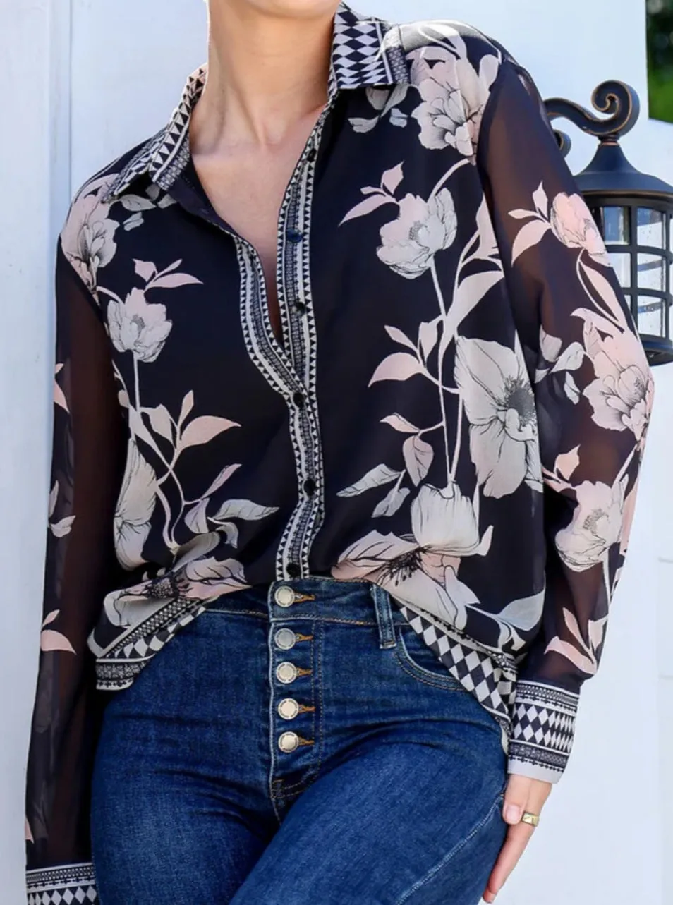 Flora Button Front Shirt With Border Print Grace and Co