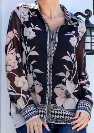Flora Button Front Shirt With Border Print Grace and Co