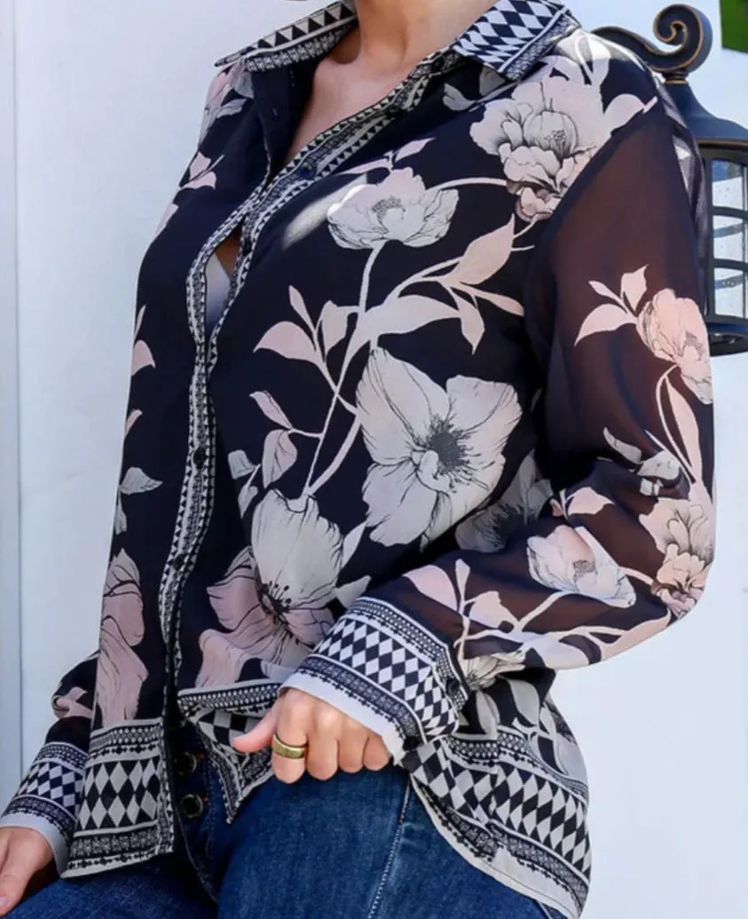 Flora Button Front Shirt With Border Print Grace and Co