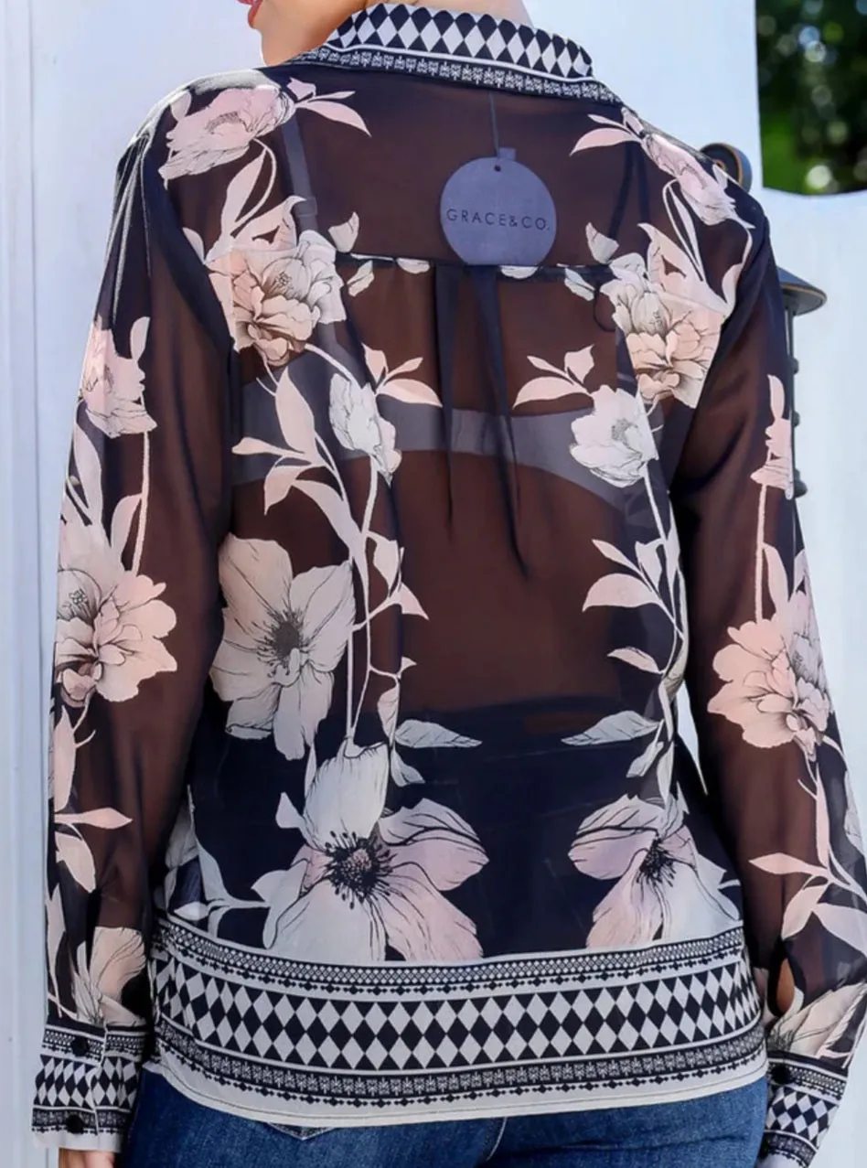 Flora Button Front Shirt With Border Print Grace and Co