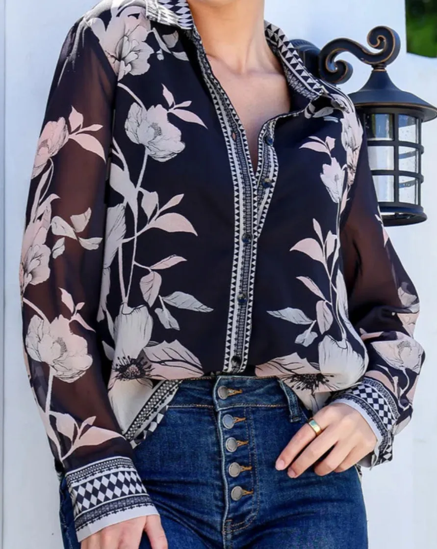 Flora Button Front Shirt With Border Print Grace and Co
