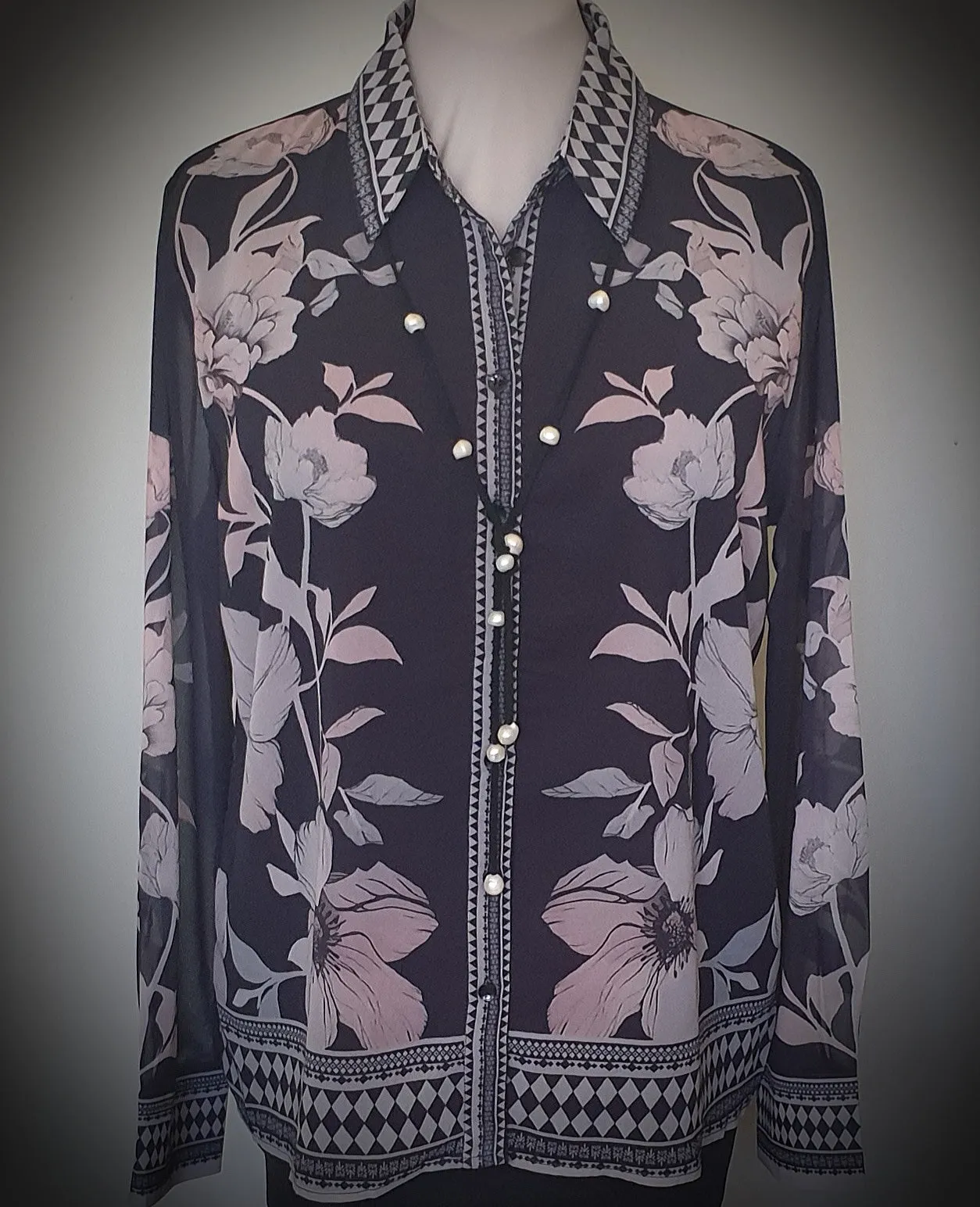 Flora Button Front Shirt With Border Print Grace and Co