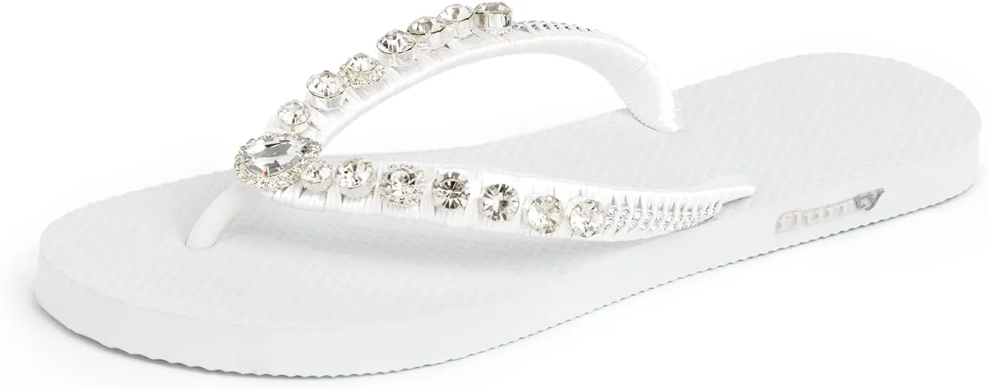 Flurrty Women's Sandals Rhinestones Flip Flops Hand Made From Brazil Jeweled Sandals - 6-10 Sizes Shining White Summer Casual Beach Flat with Multicolor - Ilhabela