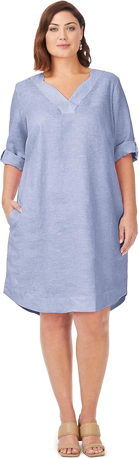 Foxcroft Women's Harmony 3/4 Sleeve with Roll Tab Linen Dress