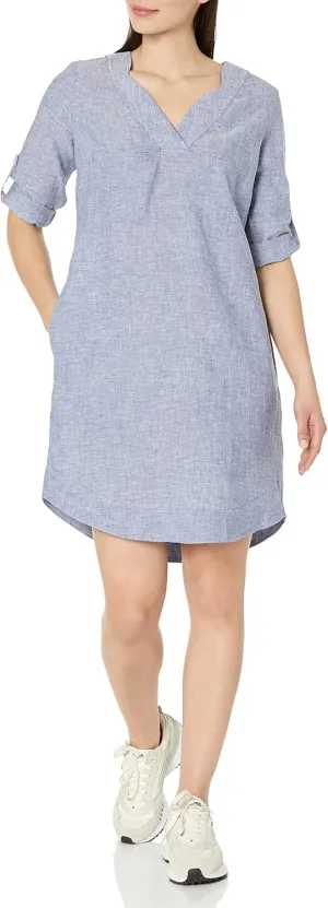 Foxcroft Women's Harmony 3/4 Sleeve with Roll Tab Linen Dress