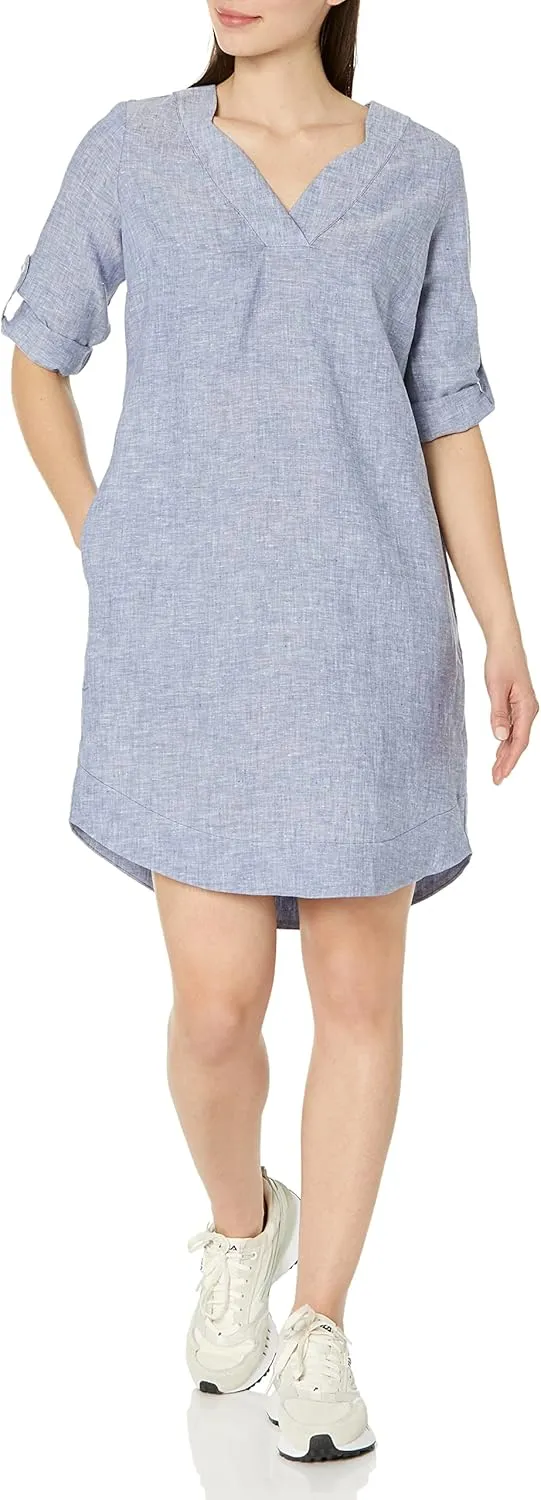Foxcroft Women's Harmony 3/4 Sleeve with Roll Tab Linen Dress