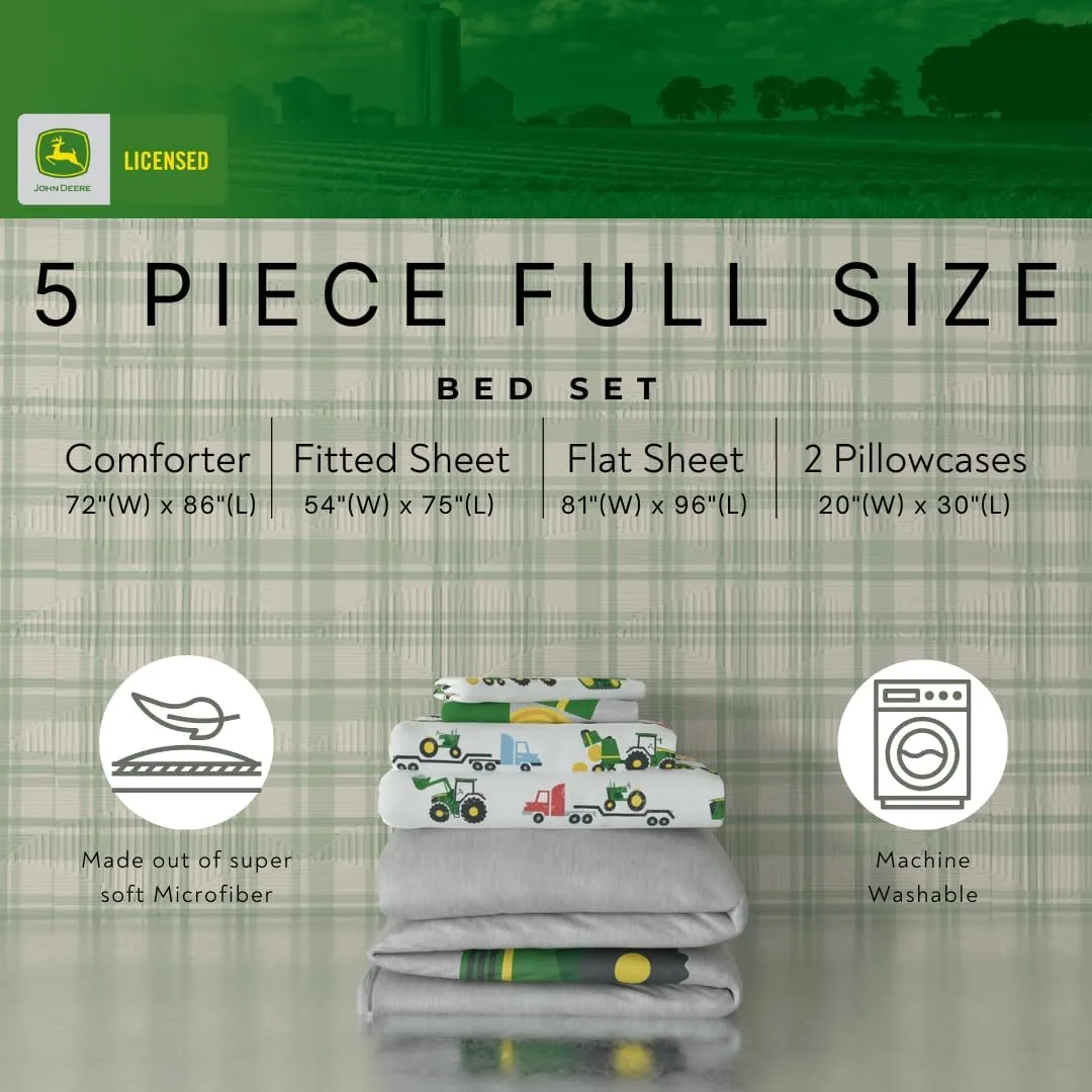Franco Kids John Deere Farm Equipment Bedding 5 Piece Super Soft Comforter and Sheet Set, Full, (Officially Licensed Product)