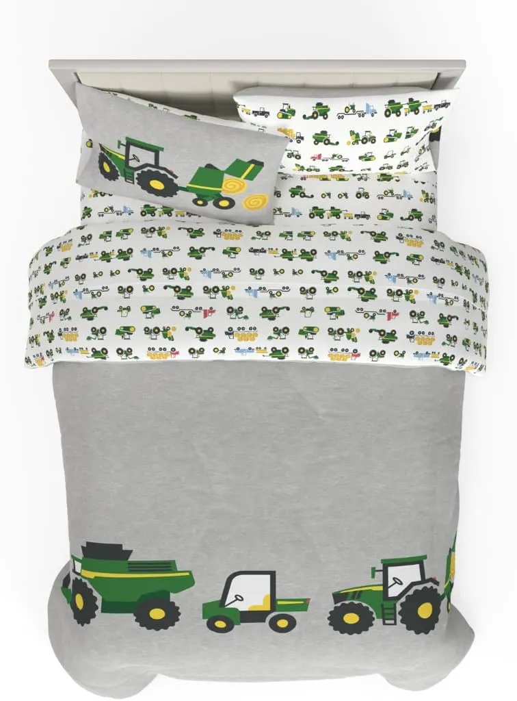 Franco Kids John Deere Farm Equipment Bedding 5 Piece Super Soft Comforter and Sheet Set, Full, (Officially Licensed Product)