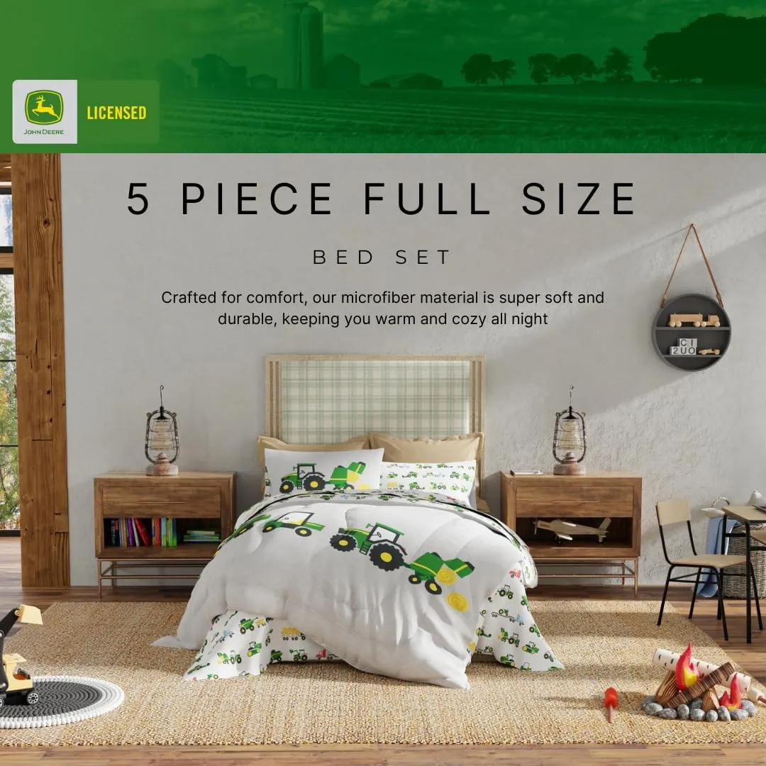 Franco Kids John Deere Farm Equipment Bedding 5 Piece Super Soft Comforter and Sheet Set, Full, (Officially Licensed Product)