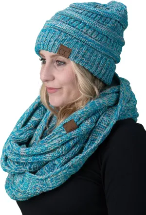 Funky Junque Cozy Winter Knit Beanie & Infinity Scarf Set for Women - Solid Colors, Confetti Designs, Value Packs