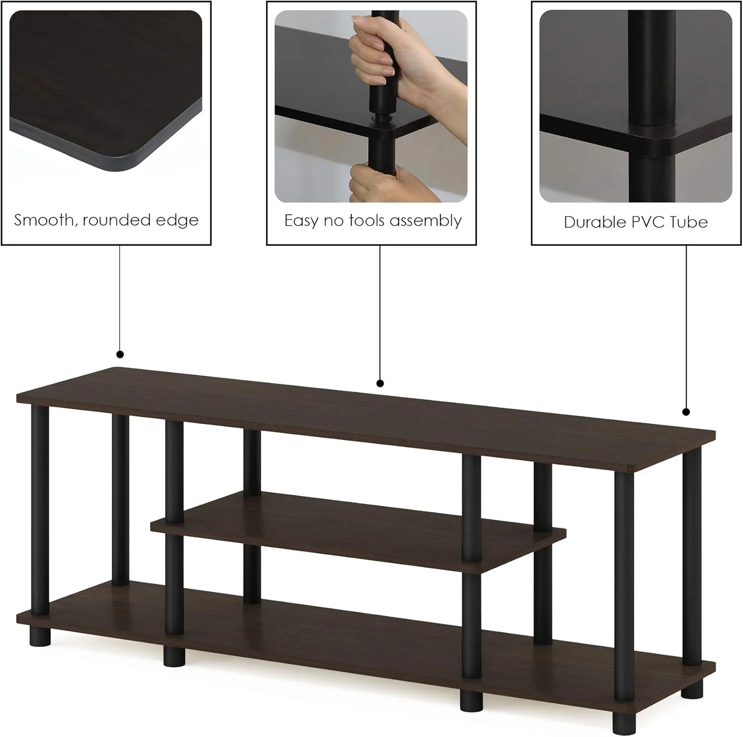 Furinno Turn-N-Tube No Tools 3D 3-Tier Entertainment TV Stand up to 50 inch TV, Round Tubes, Dark Brown / Black