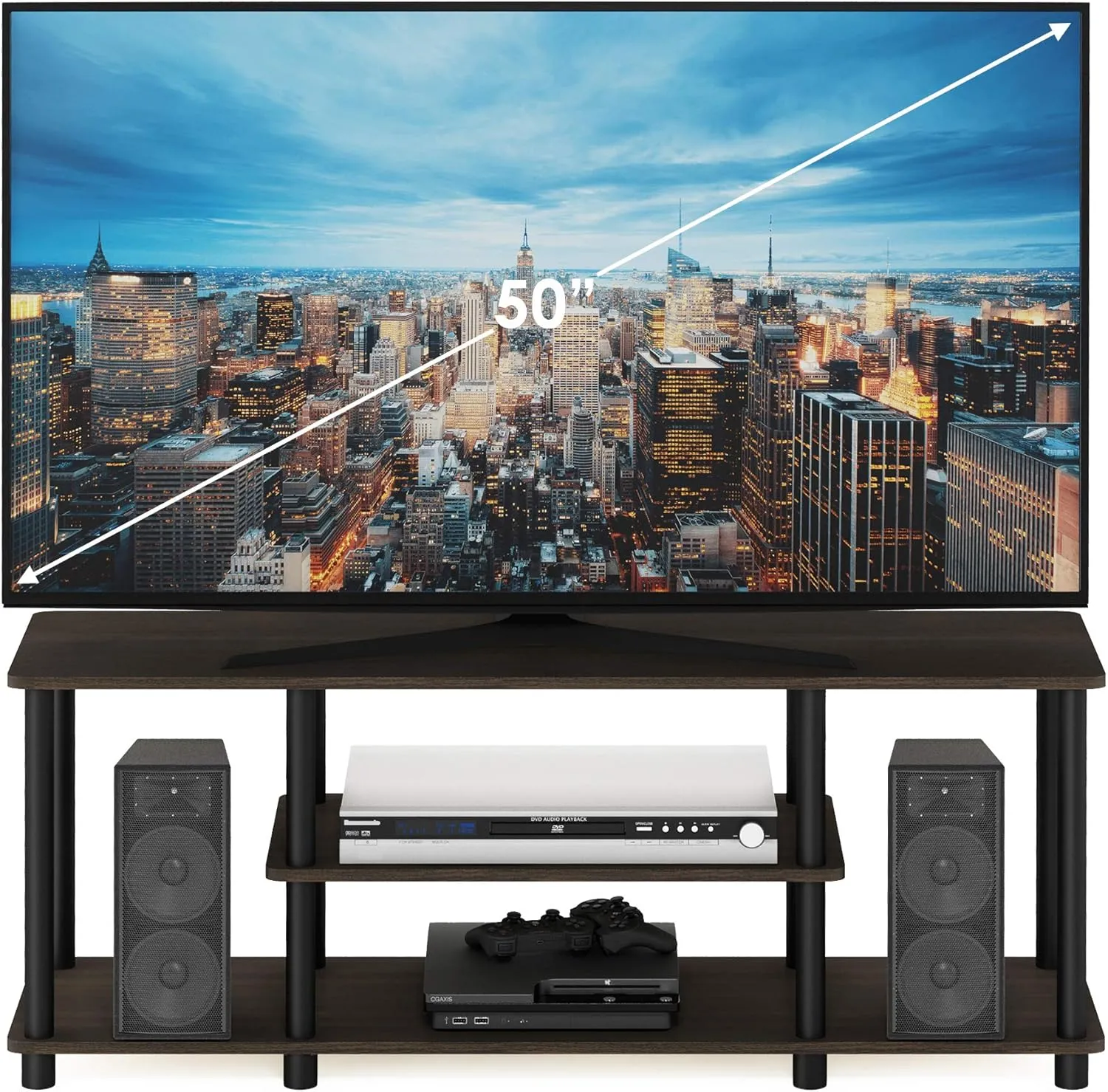 Furinno Turn-N-Tube No Tools 3D 3-Tier Entertainment TV Stand up to 50 inch TV, Round Tubes, Dark Brown / Black