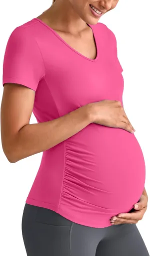 G4Free Lightweight Maternity Shirts Short Sleeve V Neck Pregnancy Workout Tops Side Ruched Stretchy Yoga Lounge Tees