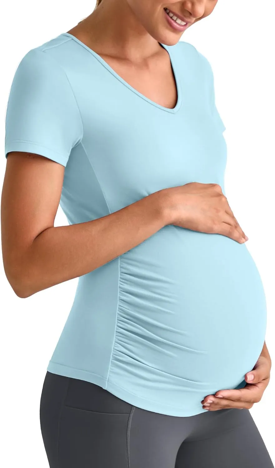 G4Free Lightweight Maternity Shirts Short Sleeve V Neck Pregnancy Workout Tops Side Ruched Stretchy Yoga Lounge Tees