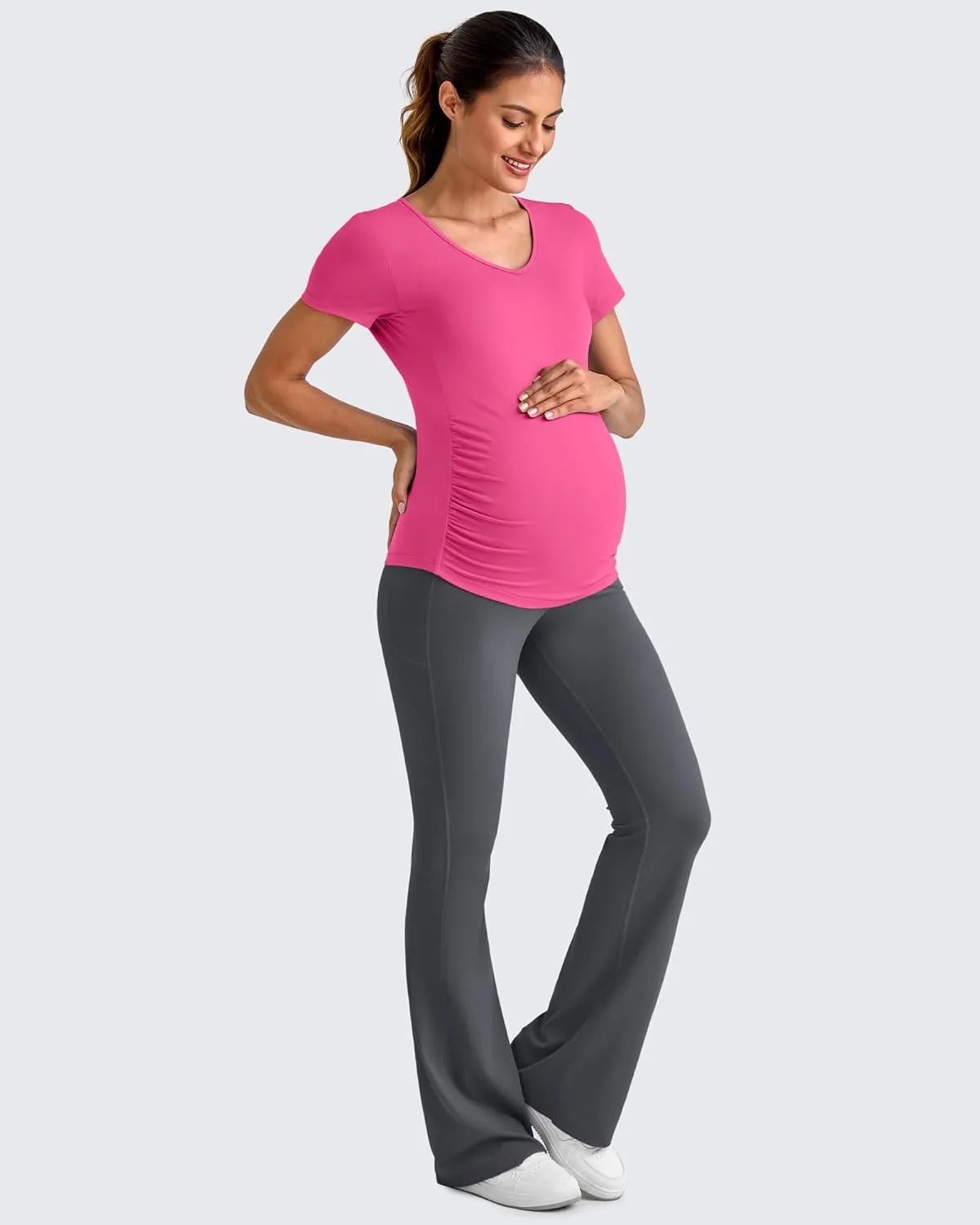 G4Free Lightweight Maternity Shirts Short Sleeve V Neck Pregnancy Workout Tops Side Ruched Stretchy Yoga Lounge Tees