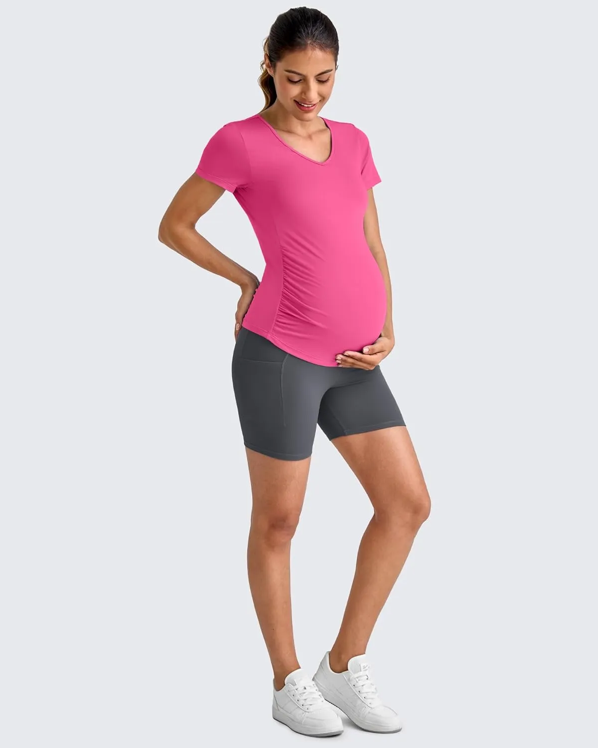 G4Free Lightweight Maternity Shirts Short Sleeve V Neck Pregnancy Workout Tops Side Ruched Stretchy Yoga Lounge Tees