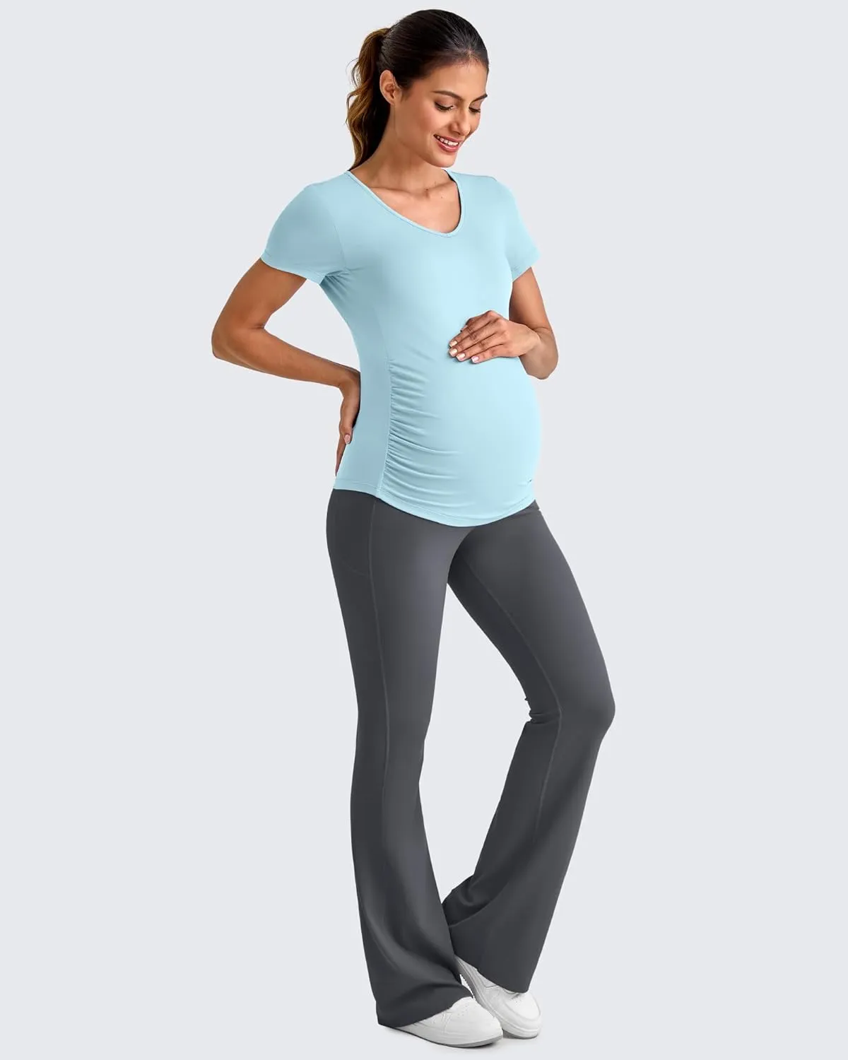 G4Free Lightweight Maternity Shirts Short Sleeve V Neck Pregnancy Workout Tops Side Ruched Stretchy Yoga Lounge Tees