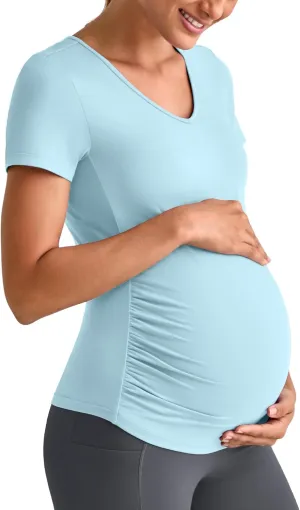 G4Free Lightweight Maternity Shirts Short Sleeve V Neck Pregnancy Workout Tops Side Ruched Stretchy Yoga Lounge Tees