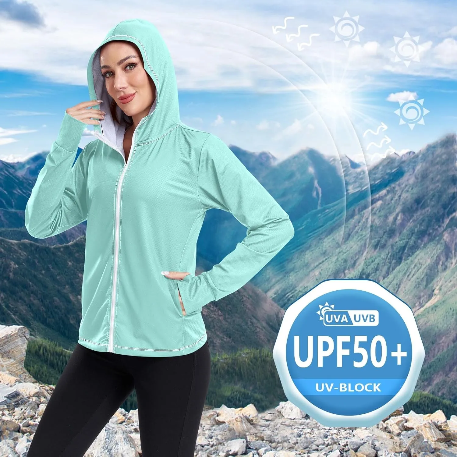 GAIGEO Peach Gradient Women Jacket UPF 50  Women Uv Protection Clothing, Hooded Design Thumb Holes, S