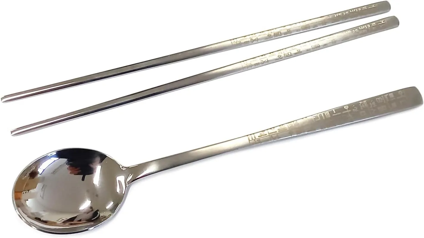 GARASANI Korean Traditional Cutlery Stainless Steel Spoons and Chopsticks Set (Silver Hunminjeongeum)