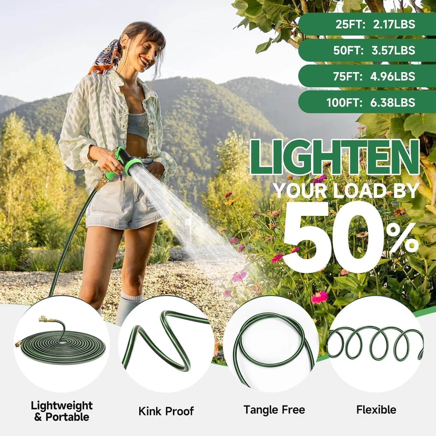 Garden Hose 50 ft Water Hose Flexible Durable 5 Layers TPV No Kink Lightweight Flex Long Hybrid Hoses Heavy Duty with 3/4’’ Brass Fittings-10 Way Nozzle Collapsible Outdoor Pipe for Yard Lawn