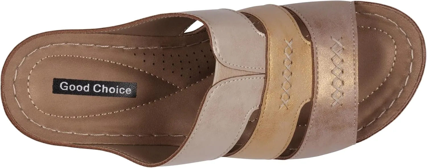 G.C. Shoes Women's Two-Tone Triple Band slip on wedge Sandals