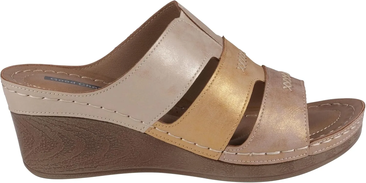 G.C. Shoes Women's Two-Tone Triple Band slip on wedge Sandals