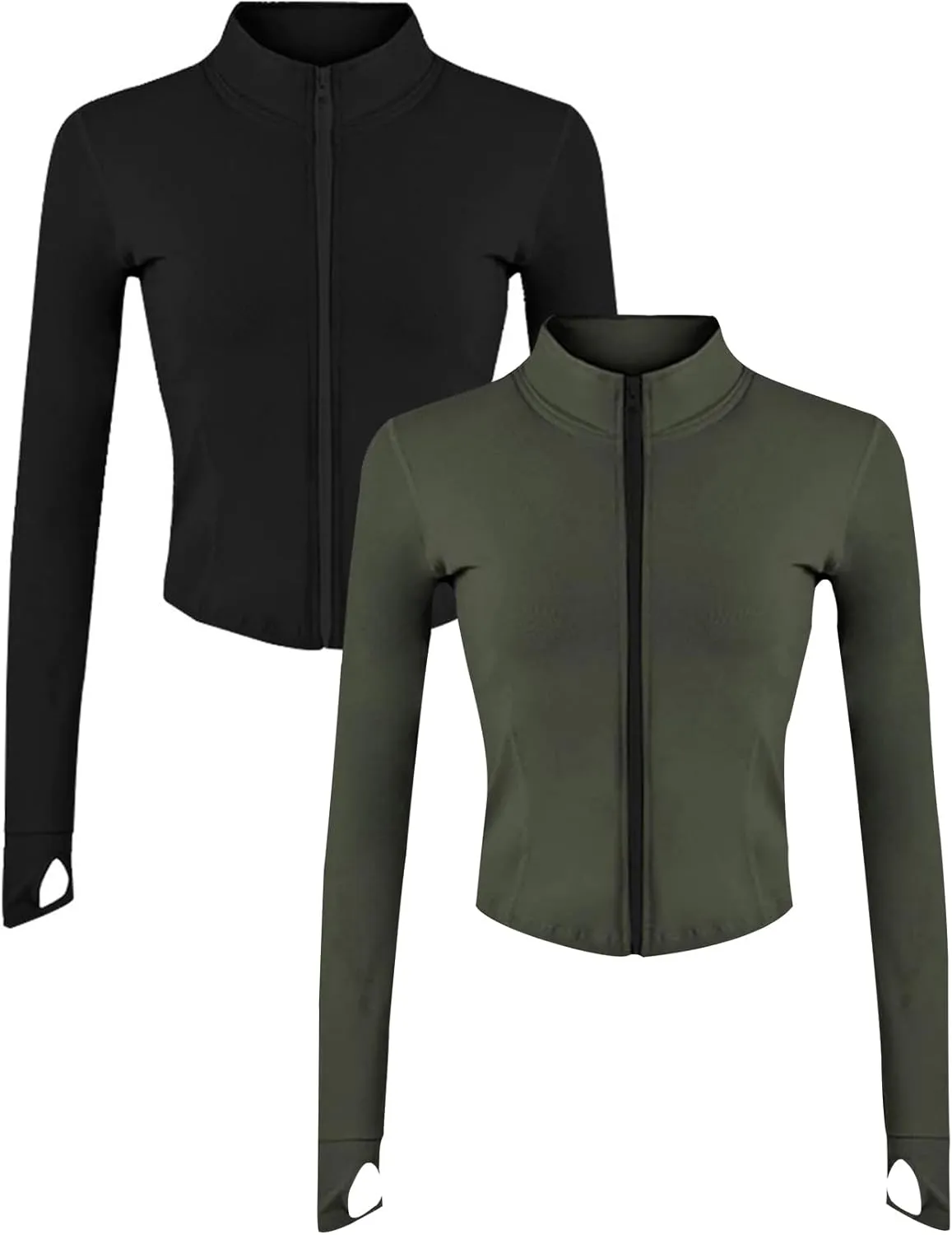 Gihuo Women's 2 Pack Athletic Yoga Jacket Cropped Full Zip Jackets Long Sleeve Lightweight Workout Tops with Thumb Holes