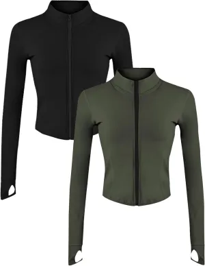 Gihuo Women's 2 Pack Athletic Yoga Jacket Cropped Full Zip Jackets Long Sleeve Lightweight Workout Tops with Thumb Holes