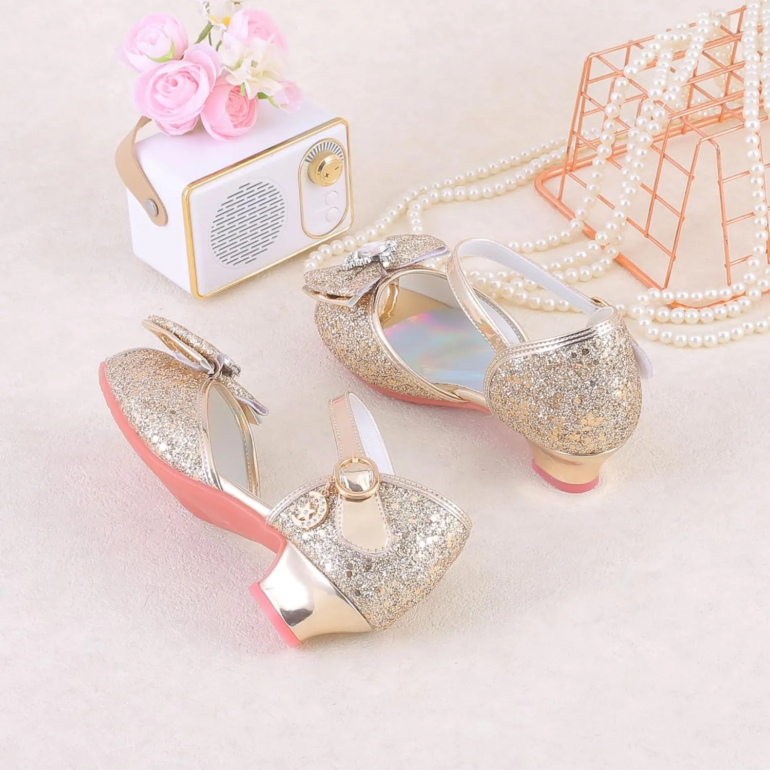 Girls Shoes Sparkle Mary Jane Low Heel Princess Flower Wedding Party Dress Shoes