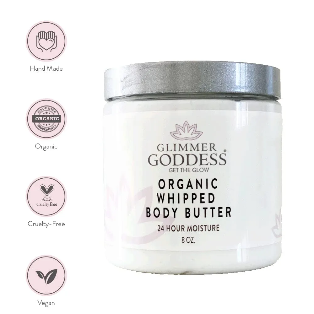 GLIMMER GODDESS Organic Whipped Body Butter- Lemon Cream, Vegan, 24 Hr Hydration, Less Stretch Marks, All Skin Types, Child-Safe, Organic, 8 oz