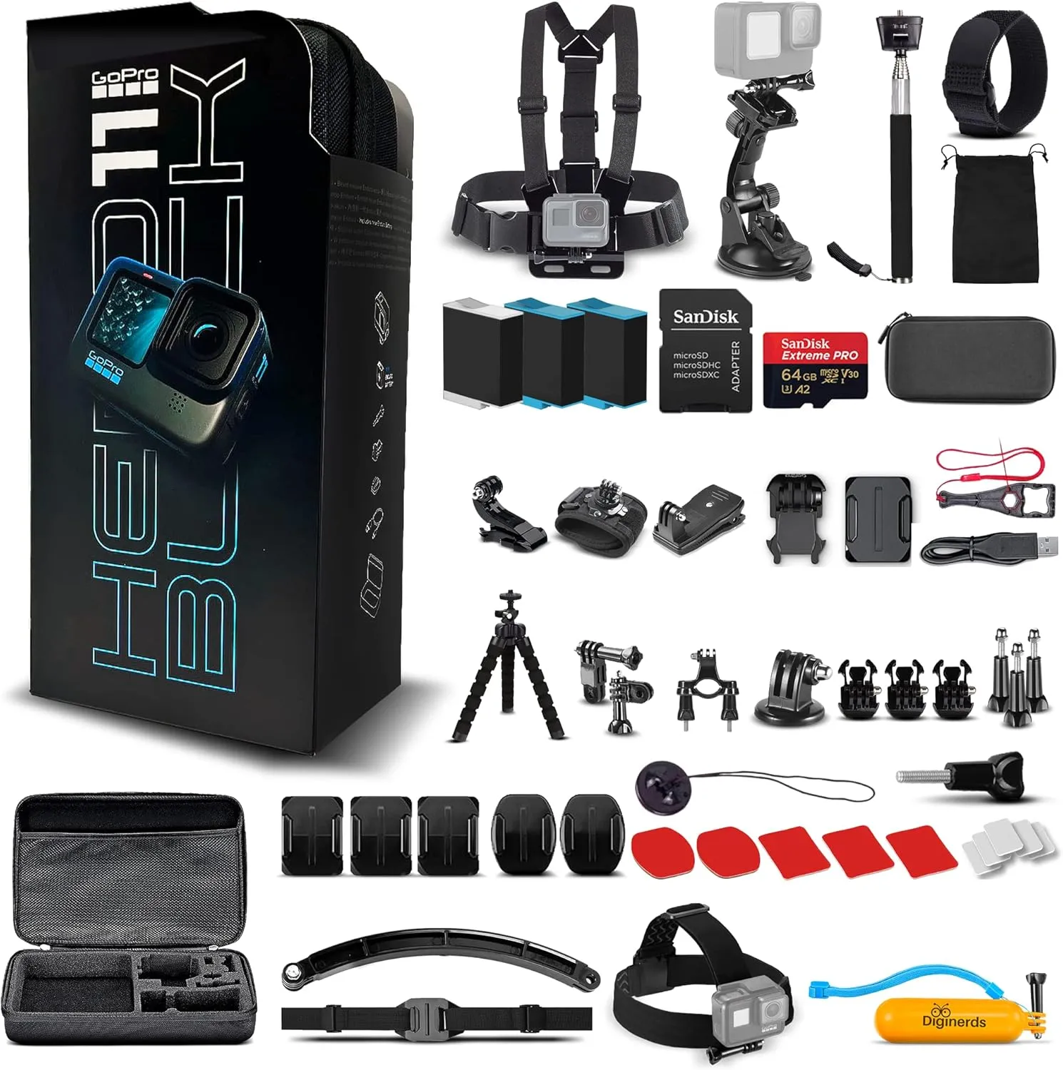 GoPro HERO11 (Hero 11) Black - Waterproof Action Camera with 5.3K Video, 27MP Photos, 1/1.9" Sensor, Live Streaming, Webcam, Stabilization   64GB Card, 50 Piece Accessory Kit and 2 Extra Batteries