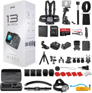 GoPro HERO13 (Hero 13) Black - Waterproof Action Camera with 5.3K HDR Video, 27MP Photos, 1/1.9" Image Sensor, Live Streaming, Webcam, Stabilization   64GB Card & 50 Piece Accessory Kit - Bundle