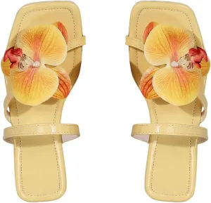 GORGLITTER Women's 3D Floral Appliques Flip Flops Flat Sandals Flower Square Open Toe Thong Summer Dressy Slides Shoes