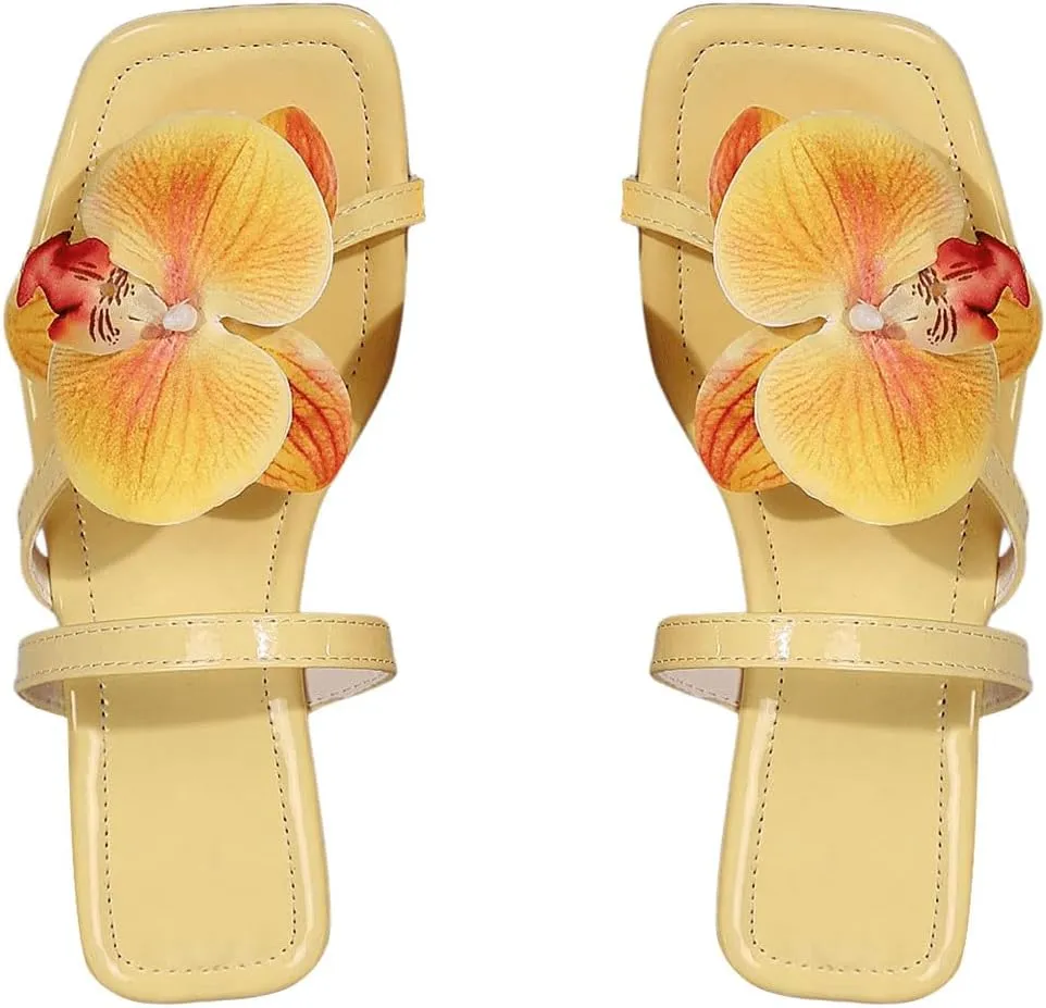 GORGLITTER Women's 3D Floral Appliques Flip Flops Flat Sandals Flower Square Open Toe Thong Summer Dressy Slides Shoes