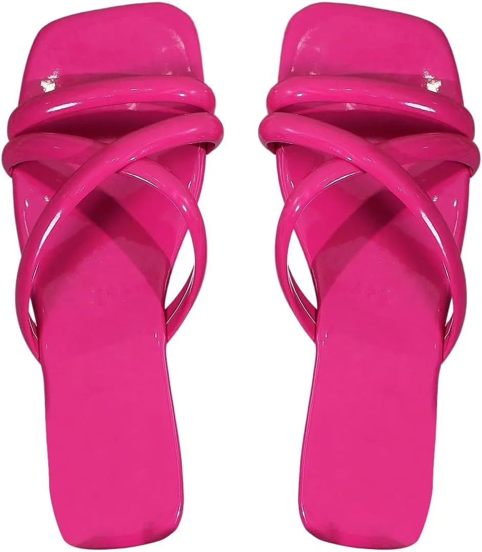GORGLITTER Women's Criss Cross Strappy Flat Sandals Square Open Toe Summer Slip on Slide Sandals