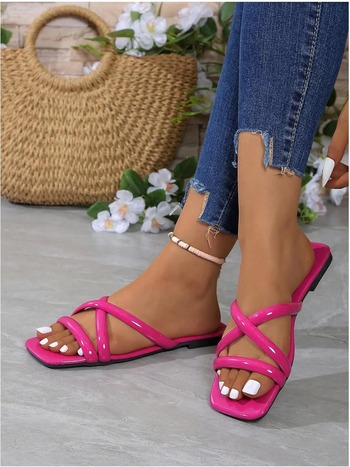 GORGLITTER Women's Criss Cross Strappy Flat Sandals Square Open Toe Summer Slip on Slide Sandals