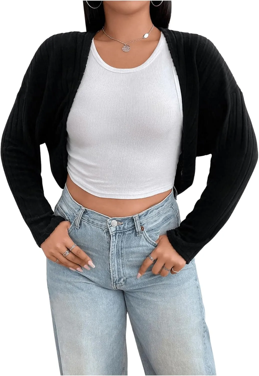 GORGLITTER Women's Long Sleeve Bolero Shrug Crop Cardigan Open Front Drop Shoulder Knit Sweater