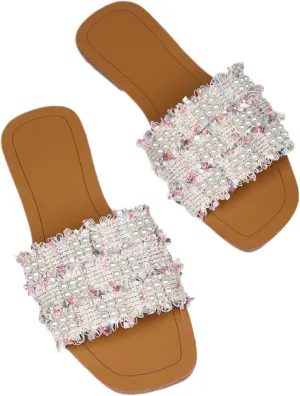 GORGLITTER Women's Summer Beach Flat Cute Sandals 2025 Color Block Faux Pearls Decor Leather Flat Slides