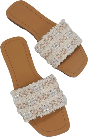 GORGLITTER Women's Summer Beach Flat Cute Sandals 2025 Color Block Faux Pearls Decor Leather Flat Slides