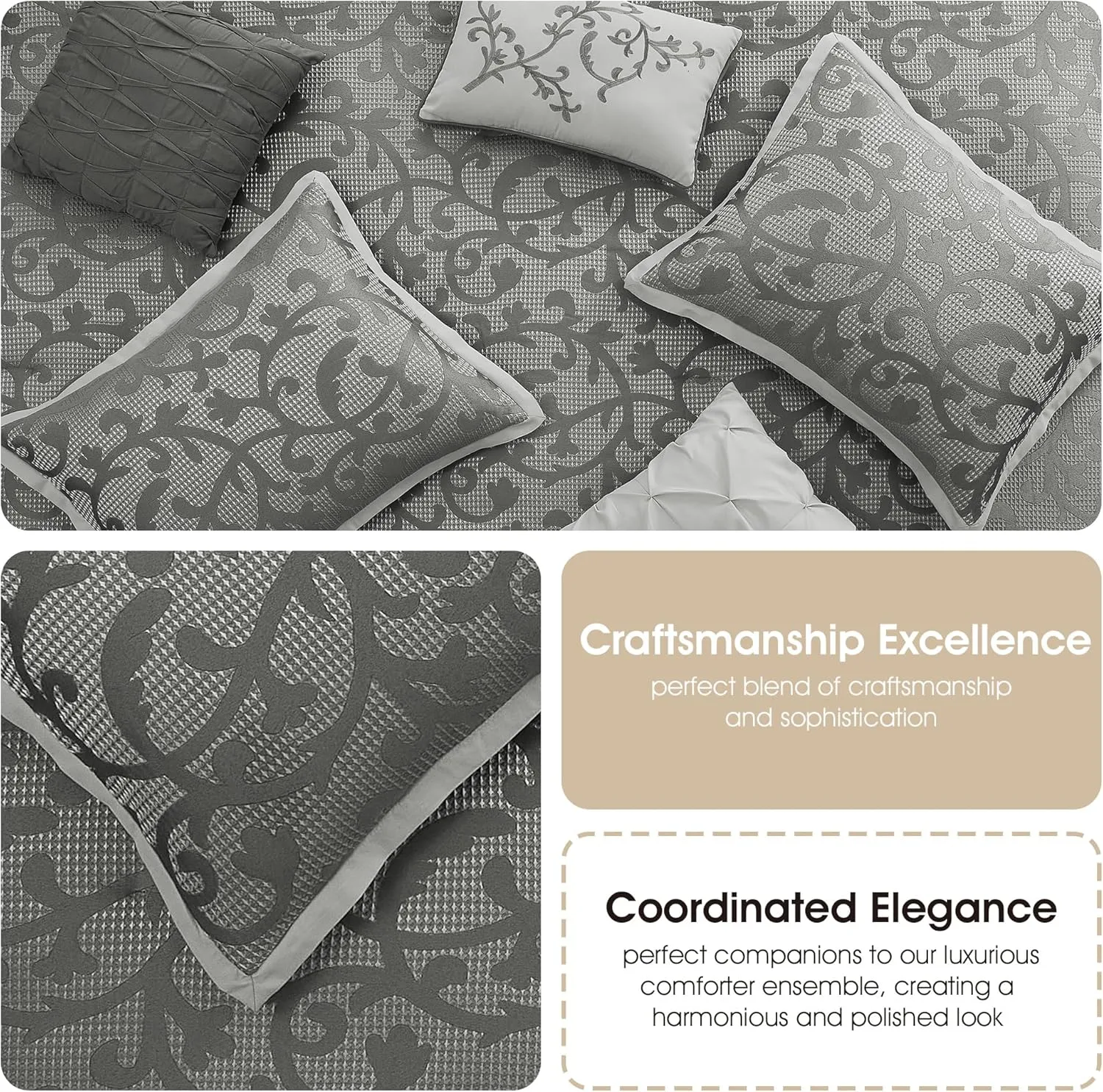 Grand Avenue 14 Piece Grey Comforter Set, California Size Jacquard Bedding Set, All Season Paisley Bedding Set, Matching Pillows, Shams, Bed Skirt