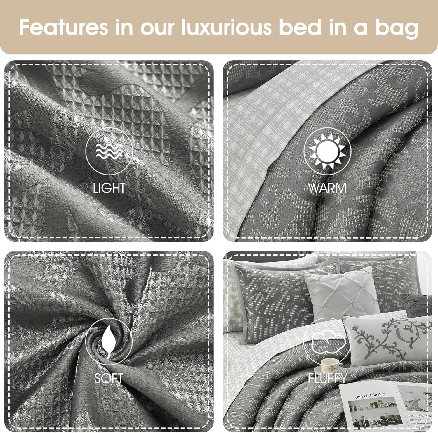 Grand Avenue 14 Piece Grey Comforter Set, California Size Jacquard Bedding Set, All Season Paisley Bedding Set, Matching Pillows, Shams, Bed Skirt